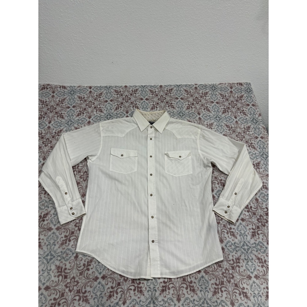 Micros Mens Western Pearl Snap Shirt White Striped Long Sleeve Size Medium